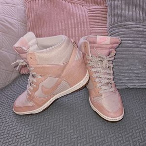NIKE Women's Dunk Sky High Top Pink Wedge Sneakers.
